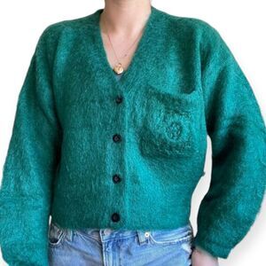 Vintage 80s Womens Esprit Emerald Green Mohair Fluffy Cropped Fuzzy Cardigan